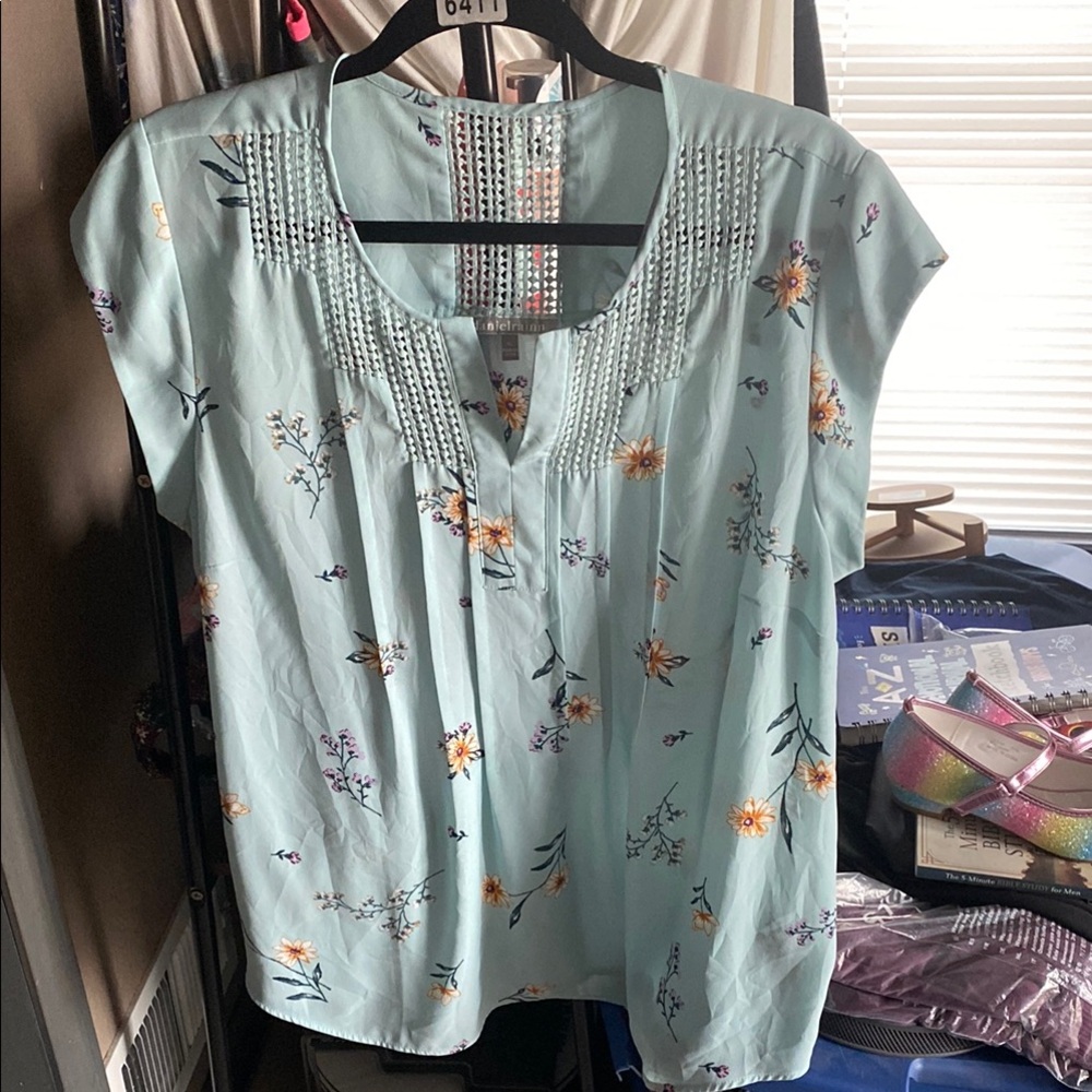 Daniel Rainn Blue Smocked Cap Sleeve Blouse